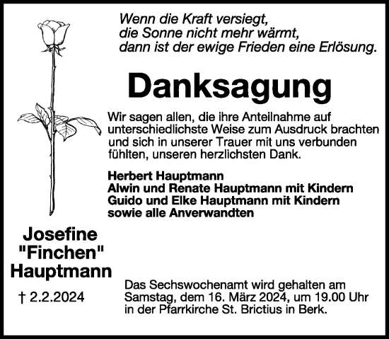 Traueranzeige von Josefine Hauptmann von WochenSpiegel