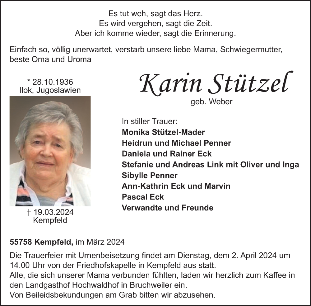  Traueranzeige für Karin Stützel vom 30.03.2024 aus WochenSpiegel