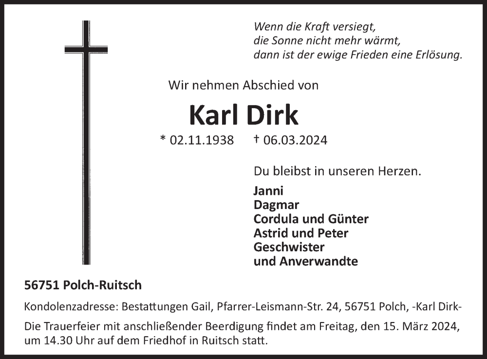  Traueranzeige für Karl Dirk vom 13.03.2024 aus WochenSpiegel