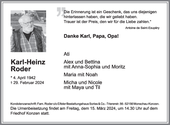 Traueranzeige von Karl-Heinz Roder von WochenSpiegel
