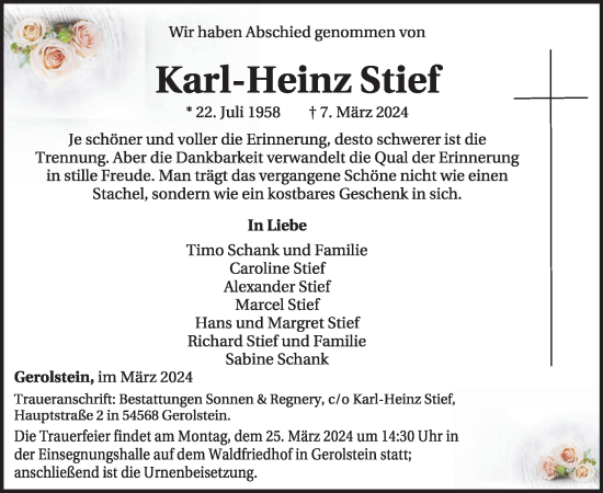 Traueranzeige von Karl-Heinz Stief von WochenSpiegel