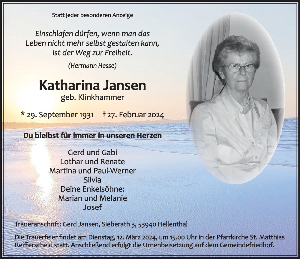  Traueranzeige für Katharina Jansen vom 06.03.2024 aus WochenSpiegel