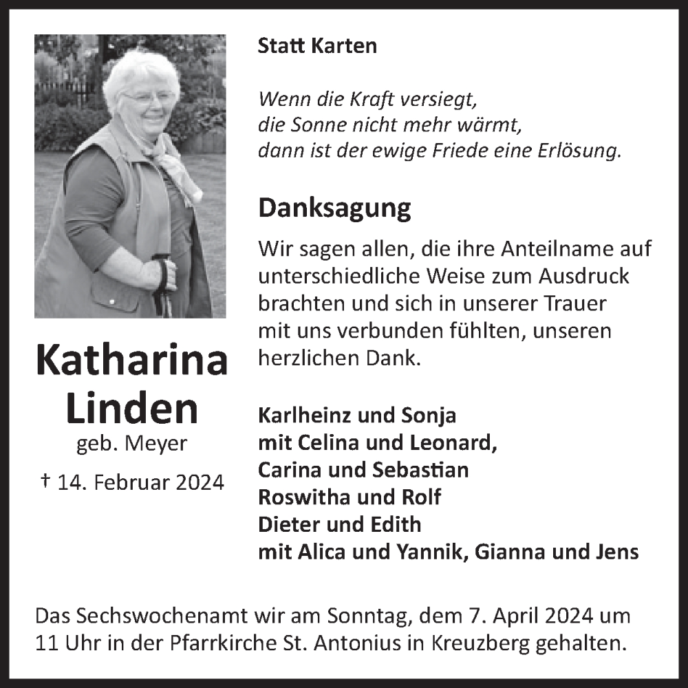  Traueranzeige für Katharina Linden vom 27.03.2024 aus WochenSpiegel