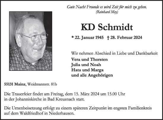 Traueranzeige von KD Schmidt von WochenSpiegel