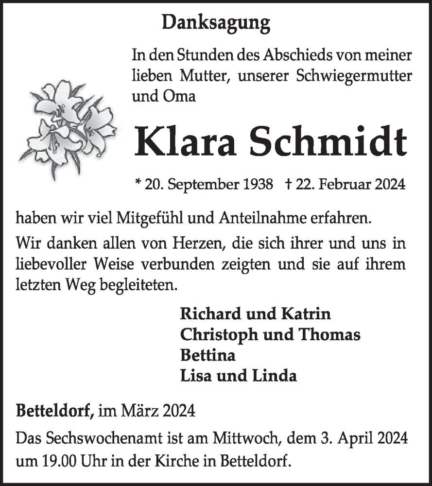  Traueranzeige für Klara Schmidt vom 23.03.2024 aus WochenSpiegel
