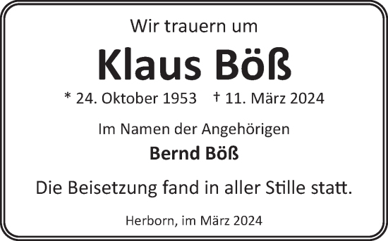 Traueranzeige von Klaus Böß von WochenSpiegel