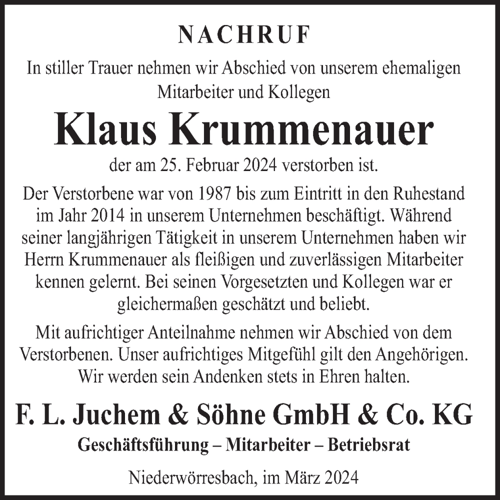  Traueranzeige für Klaus Krummenauer vom 16.03.2024 aus WochenSpiegel