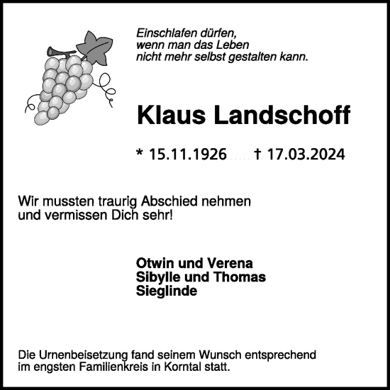 Traueranzeige von Klaus Landschoff von WochenSpiegel