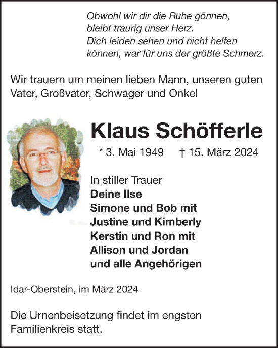 Traueranzeige von Klaus Schöfferle von WochenSpiegel