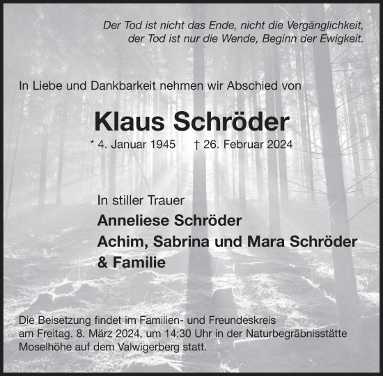 Traueranzeige von Klaus Schröder von WochenSpiegel