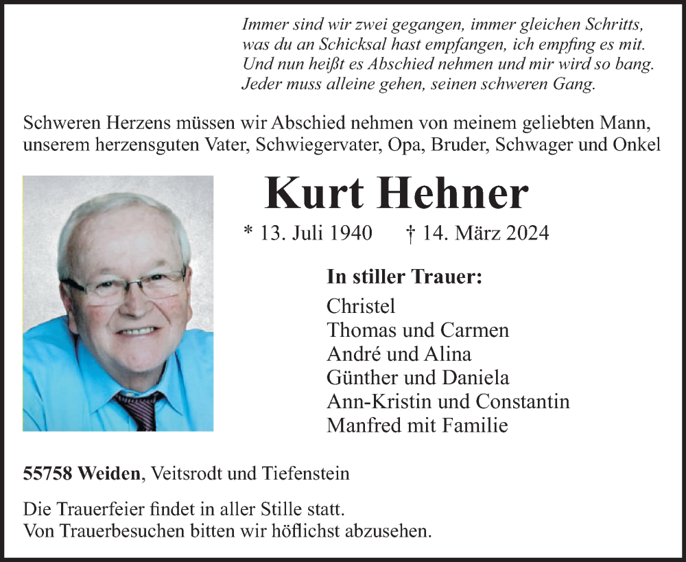  Traueranzeige für Kurt Hehner vom 23.03.2024 aus WochenSpiegel
