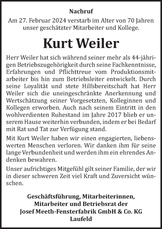 Traueranzeige von Kurt Weiler Weiler von WochenSpiegel