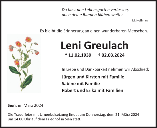 Traueranzeige von Leni Greulach von WochenSpiegel