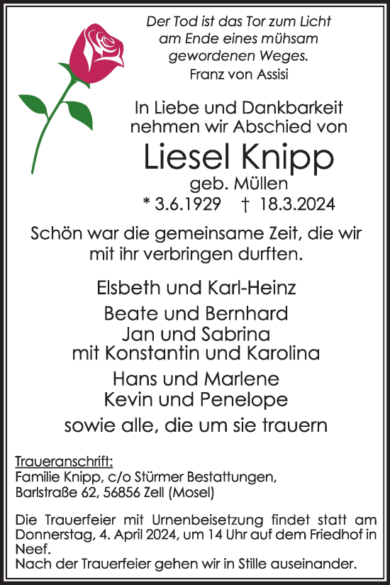 Traueranzeige von Liesel Knipp von WochenSpiegel