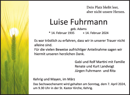 Traueranzeige von Luise Fuhrmann von WochenSpiegel