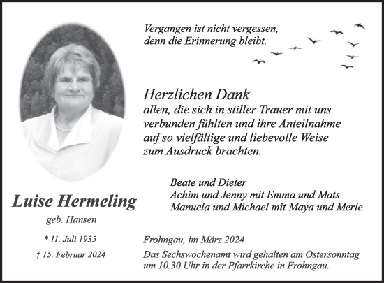 Traueranzeige von Luise Hermeling von WochenSpiegel