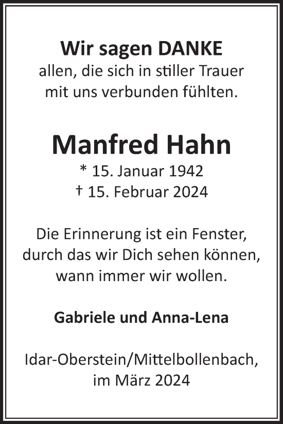 Traueranzeige von Manfred Hahn von WochenSpiegel