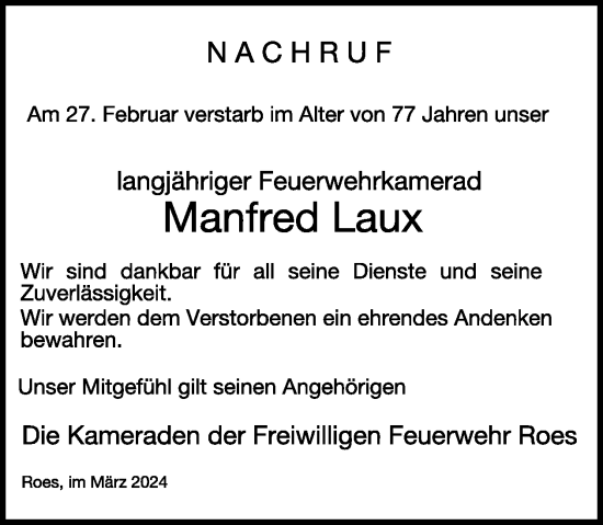 Traueranzeige von Manfred Laux von WochenSpiegel