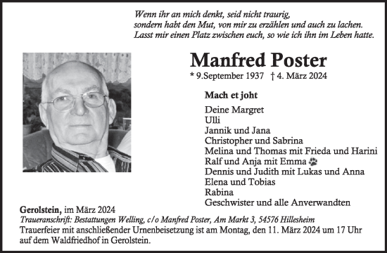 Traueranzeige von Manfred Poster von WochenSpiegel