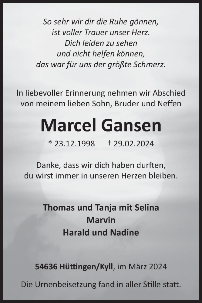  Traueranzeige für Marcel Gansen vom 08.03.2024 aus WochenSpiegel