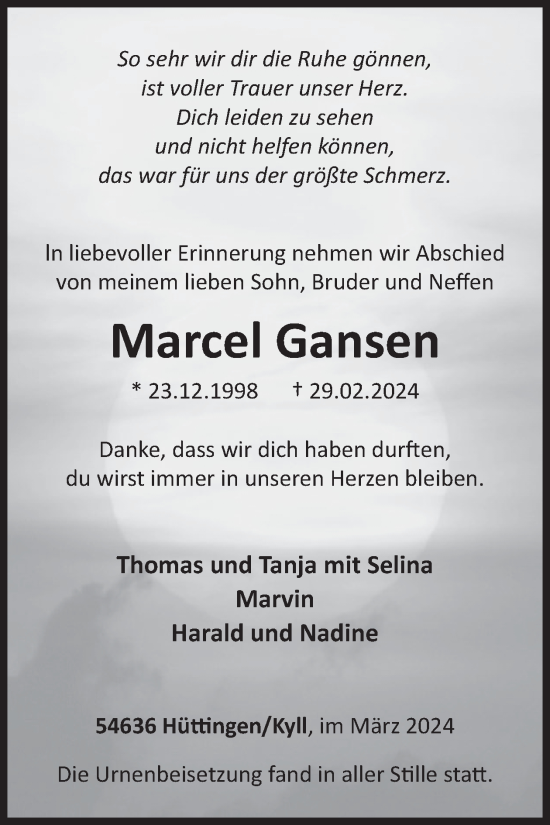 Traueranzeige von Marcel Gansen von WochenSpiegel