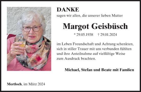 Traueranzeige von Margot Geisbüsch von WochenSpiegel