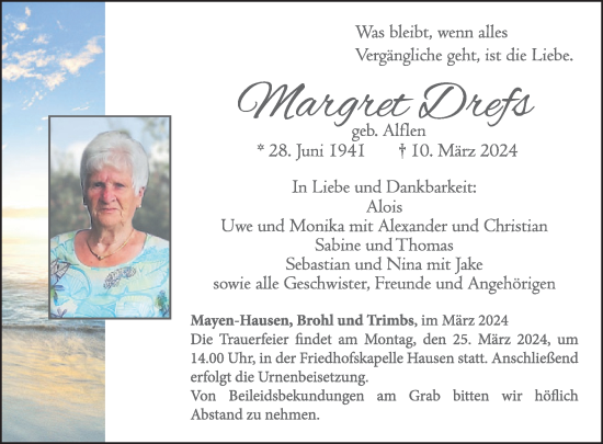Traueranzeige von Margret Drefs von WochenSpiegel