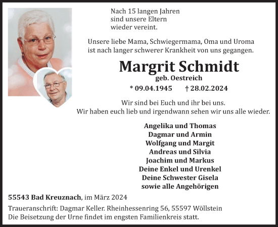 Traueranzeige von Margrit Schmidt von WochenSpiegel