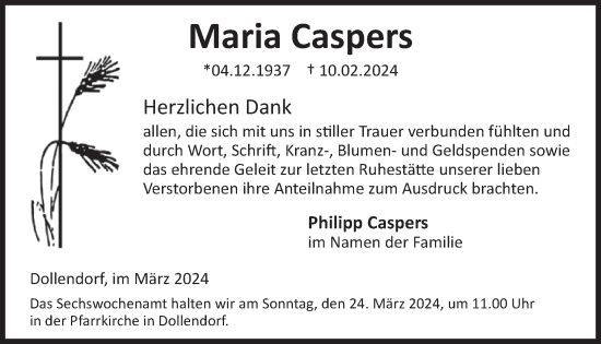 Traueranzeige von Maria Caspers von WochenSpiegel