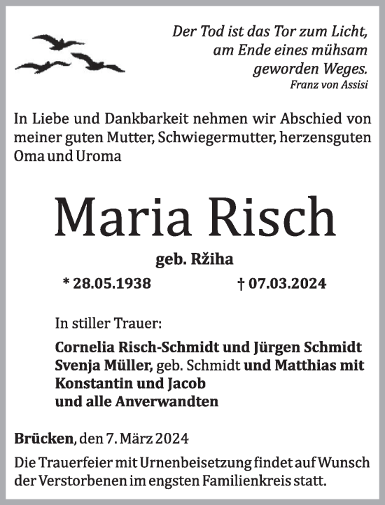Traueranzeige von Maria Risch von WochenSpiegel