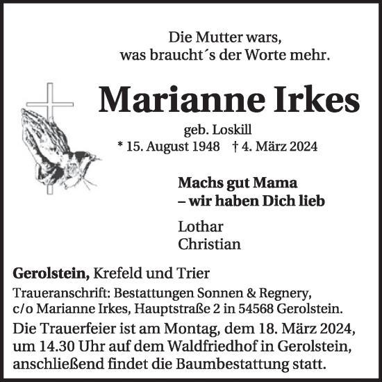 Traueranzeige von Marianne Irkes von WochenSpiegel