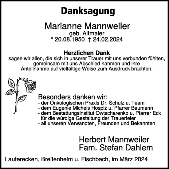 Traueranzeige von Marianne Mannweiler von WochenSpiegel