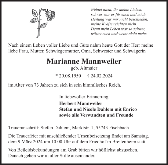 Traueranzeige von Marianne Mannweiler von WochenSpiegel