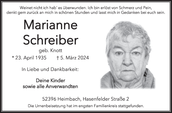 Traueranzeige von Marianne Schreiber von WochenSpiegel