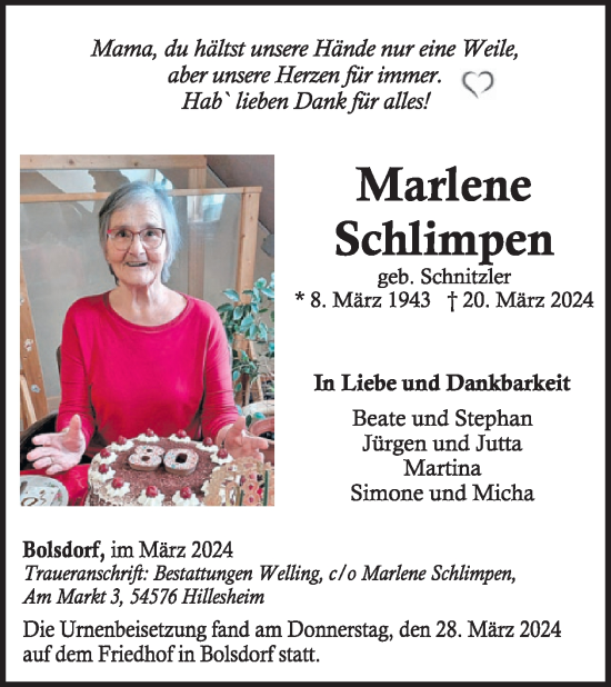 Traueranzeige von Marlene Schlimpen von WochenSpiegel