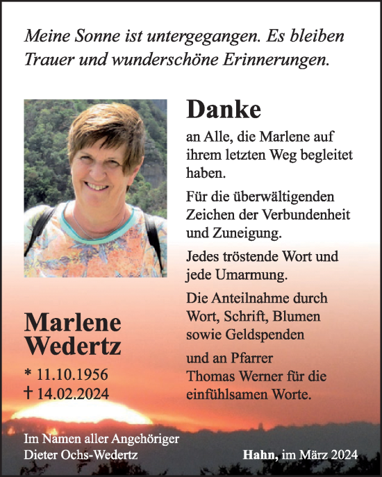 Traueranzeige von Marlene Wedertz von WochenSpiegel