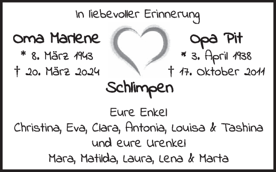 Traueranzeige von Marlene und Pit Schlimpen von WochenSpiegel