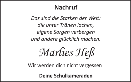 Traueranzeige von Marlies Heß von WochenSpiegel