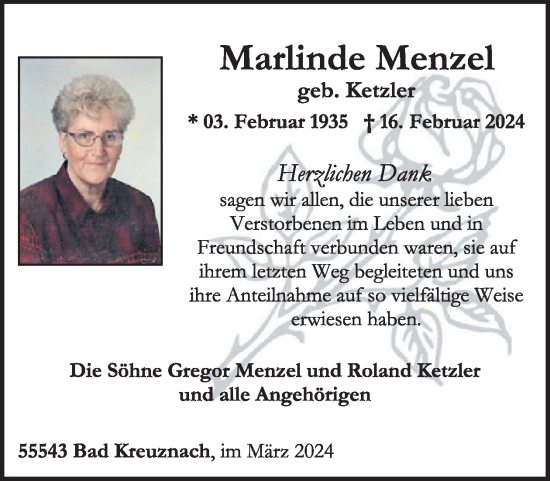 Traueranzeige von Marlinde Menzel von WochenSpiegel