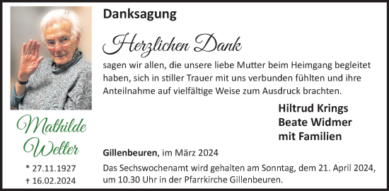 Traueranzeige von Mathilde Welter von WochenSpiegel