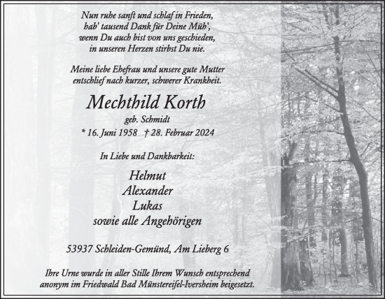 Traueranzeige von Mechthild Korth von WochenSpiegel