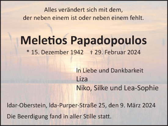 Traueranzeige von Meletios Papadopoulos von WochenSpiegel