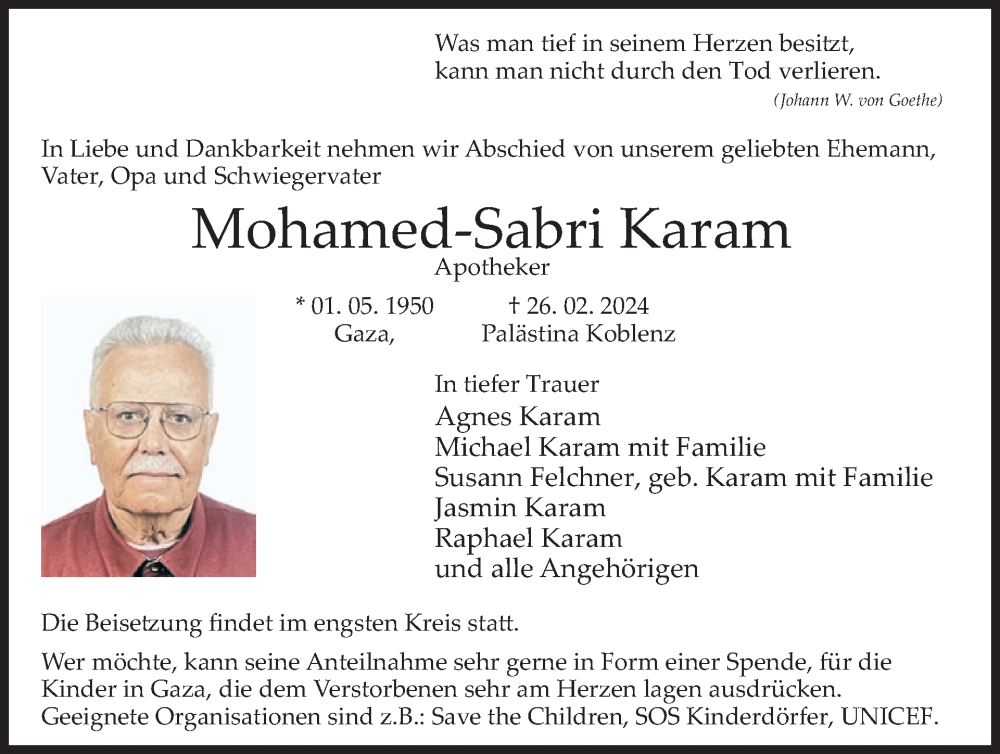  Traueranzeige für Mohamed-Sabri Karam vom 13.03.2024 aus WochenSpiegel