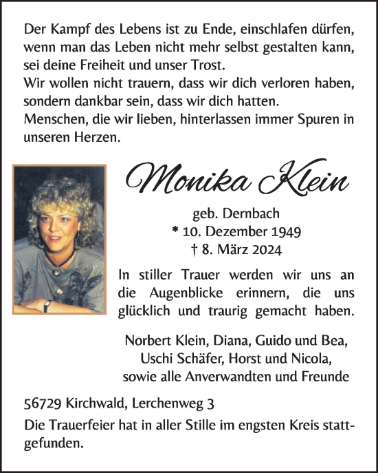 Traueranzeige von Monika Klein von WochenSpiegel