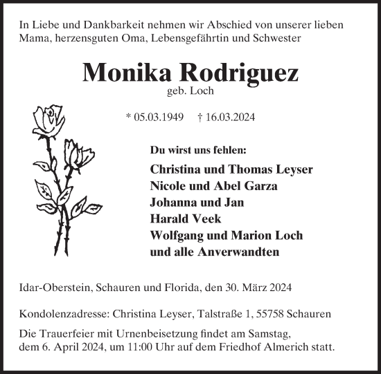 Traueranzeige von Monika Rodriguez von WochenSpiegel