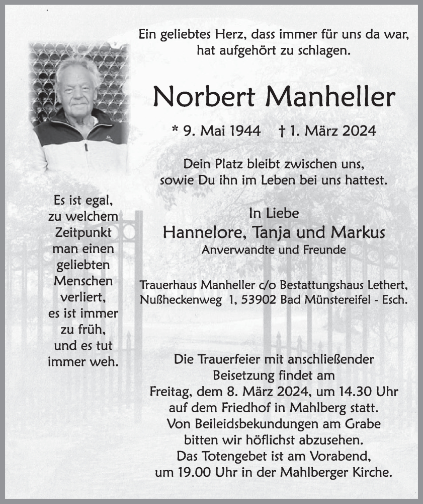  Traueranzeige für Norbert Manheller vom 06.03.2024 aus WochenSpiegel