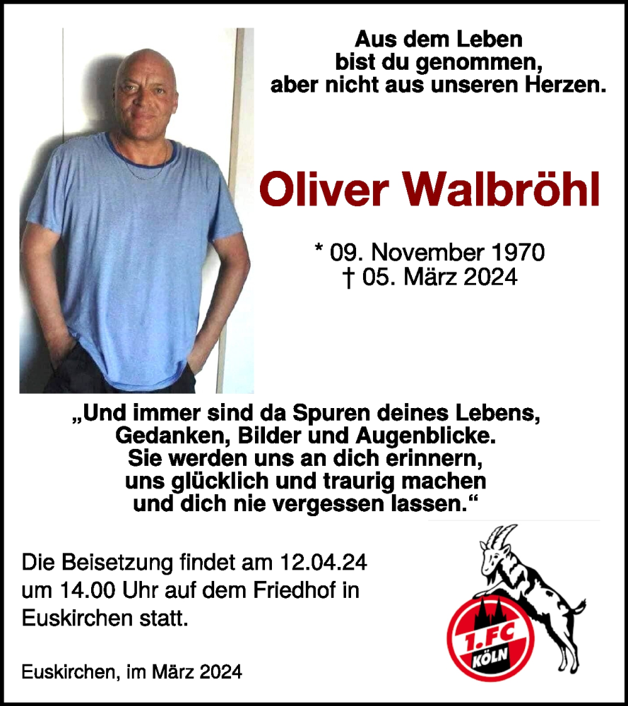  Traueranzeige für Oliver Walbröhl vom 27.03.2024 aus WochenSpiegel