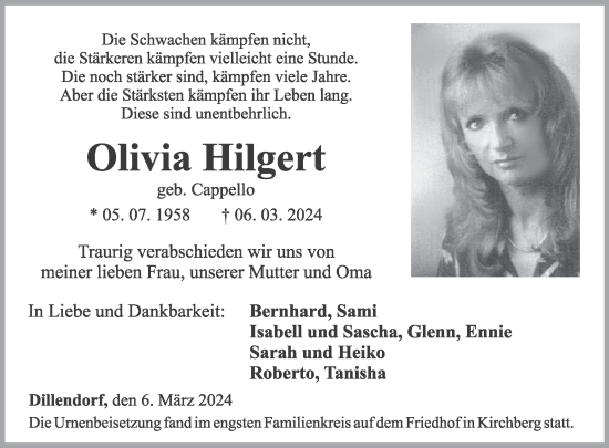 Traueranzeige von Olivia Hilgert von WochenSpiegel