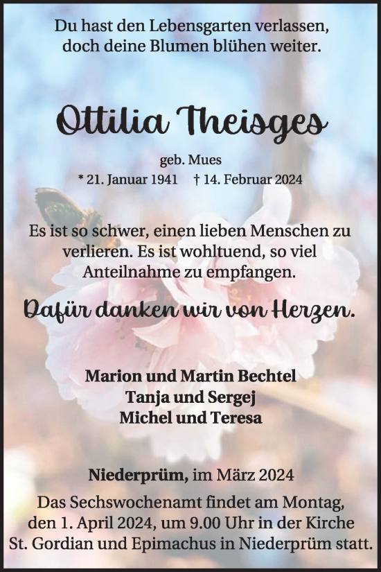 Traueranzeige von Ottilia Theisges von WochenSpiegel