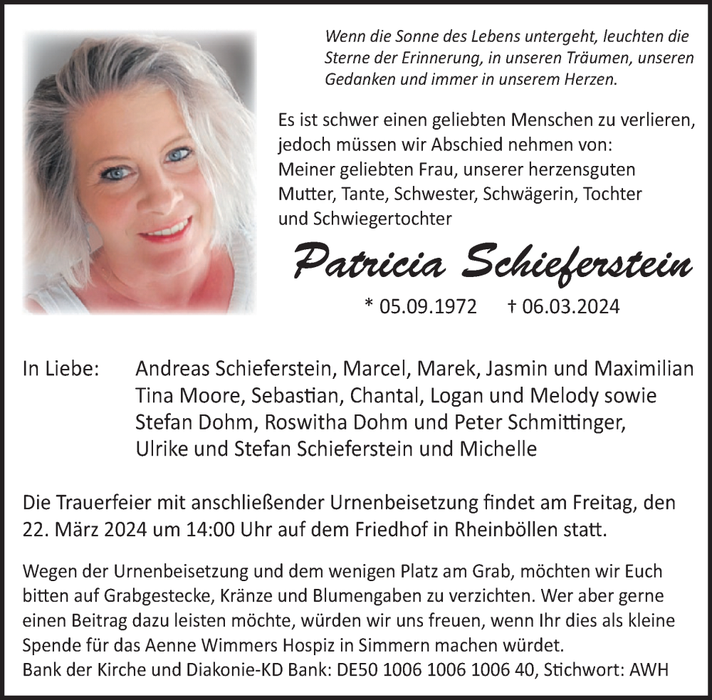 Traueranzeige für Patricia Schieferstein vom 16.03.2024 aus WochenSpiegel